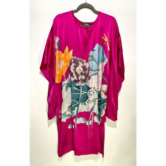 Silk kaftan dress tunic art to wear colorful floral feary romantic pink women XL - Picture 1 of 7